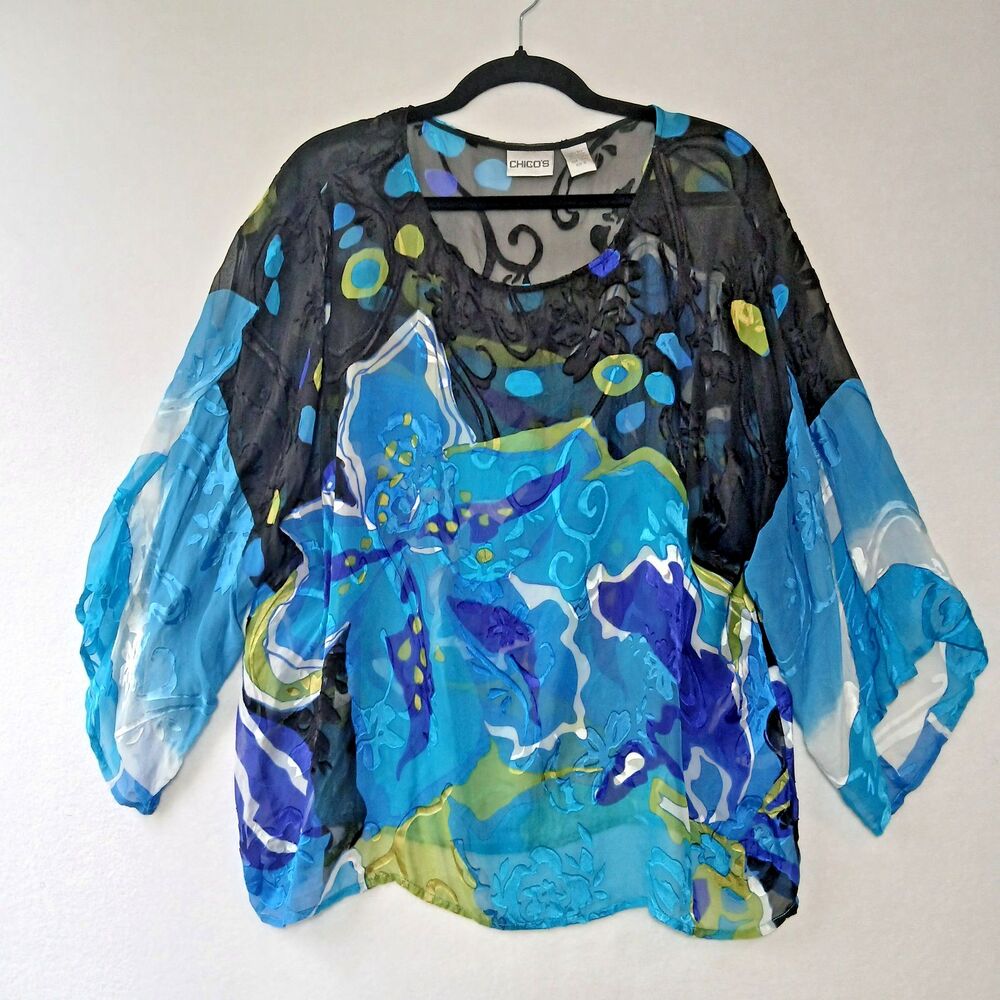 Chico's Silk Blue Sheer 90s Style Bell Sleeve Boho Blouse Beach Vacation 2 #918